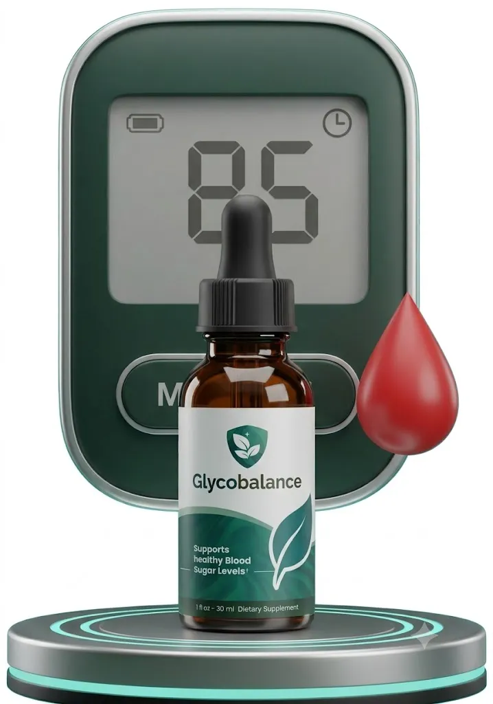 Glycobalance dietary supplement dropper bottle ek blood sugar monitor aur ek khoon ki boond ke saath.