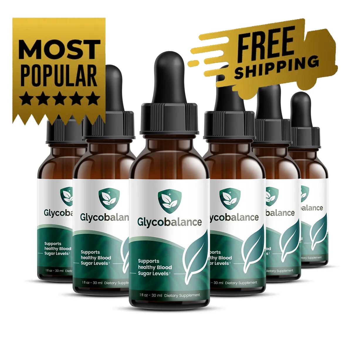 Visivra-Official-Website Glycobalance dietary supplement ki 6 bottles ka 'Most Popular' bundle aur free shipping badge ke saath.