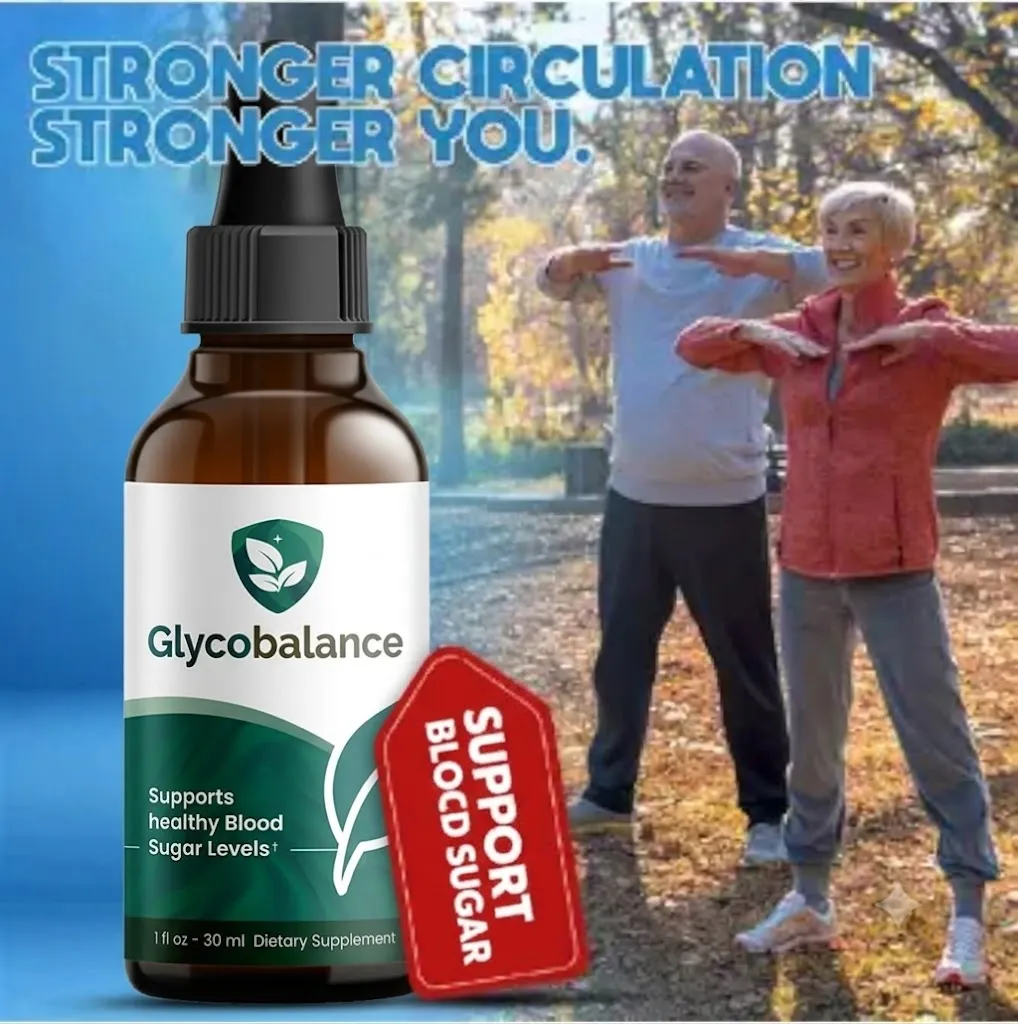 Glycobalance supplement bottle ek senior couple ke saath jo park mein exercise kar rahe hain.