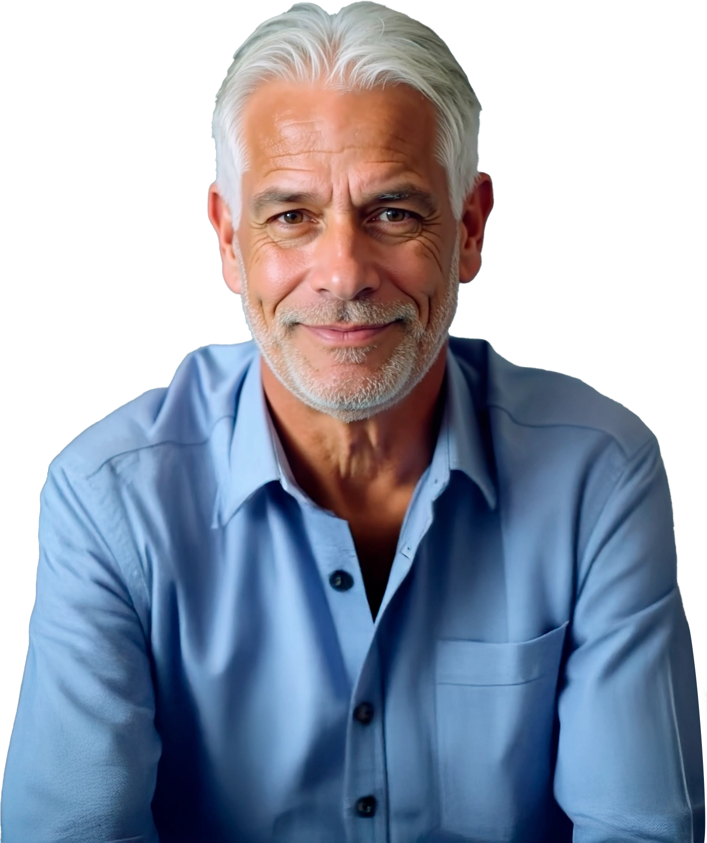 Light blue shirt mein muskurate hue senior man ki portrait photo black background ke saath.