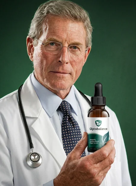 Lab coat aur stethoscope pehne doctor haath mein Glycobalance supplement bottle pakde hue.