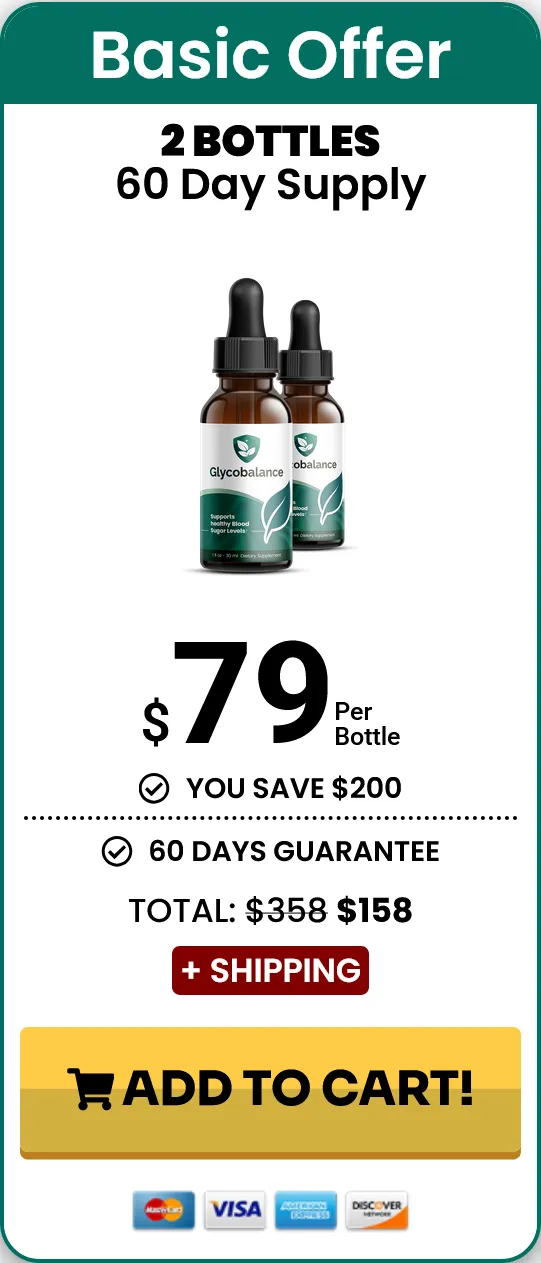 Glycobalance basic offer 2 bottles pricing card $79 per bottle aur add to cart button ke saath.