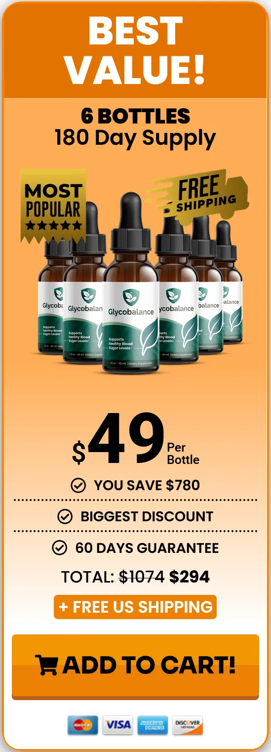 Glycobalance Best Value offer 6 bottles pricing card $49 per bottle aur Free Shipping ke saath.
