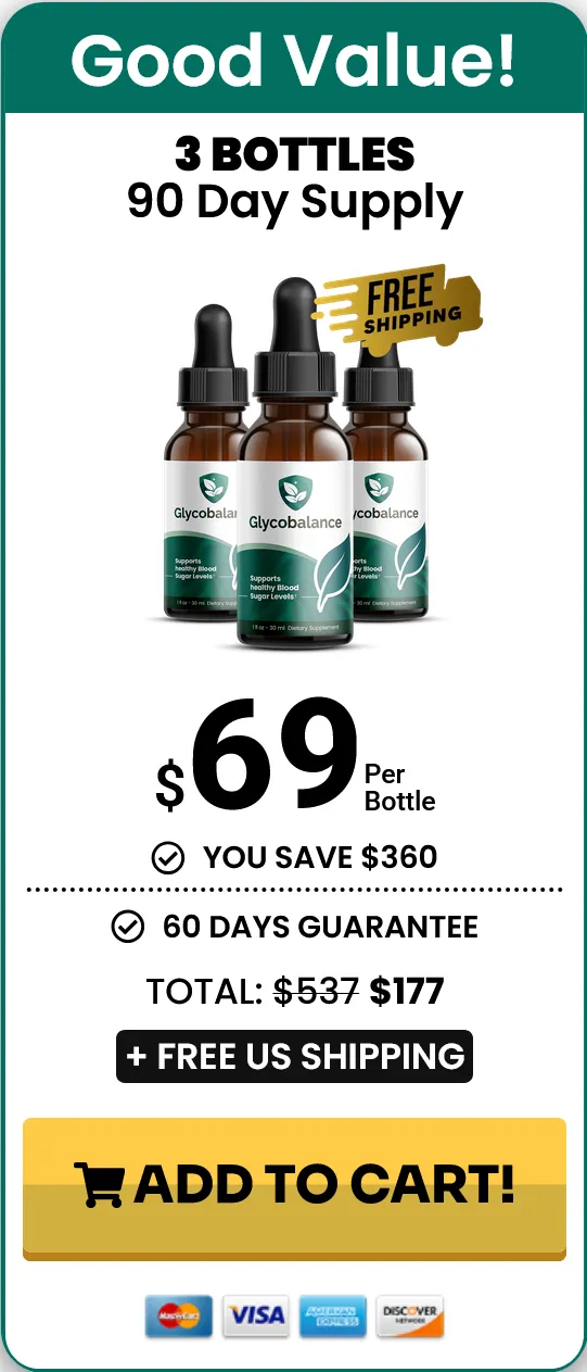 Glycobalance Good Value offer 3 bottles pricing card $69 per bottle aur Free US Shipping ke saath.