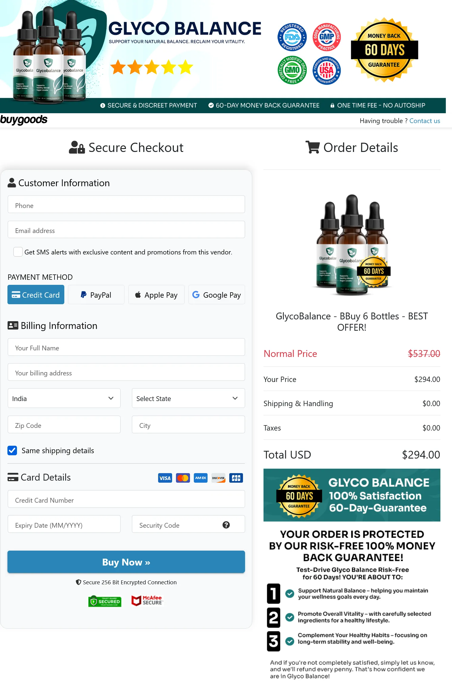 Glycobalance ka BuyGoods secure checkout page, jisme customer information, payment methods aur 6 bottles ka order summary diya gaya hai.