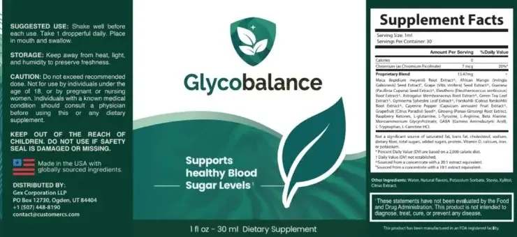 Glycobalance dietary supplement bottle ka product label aur Supplement Facts details.